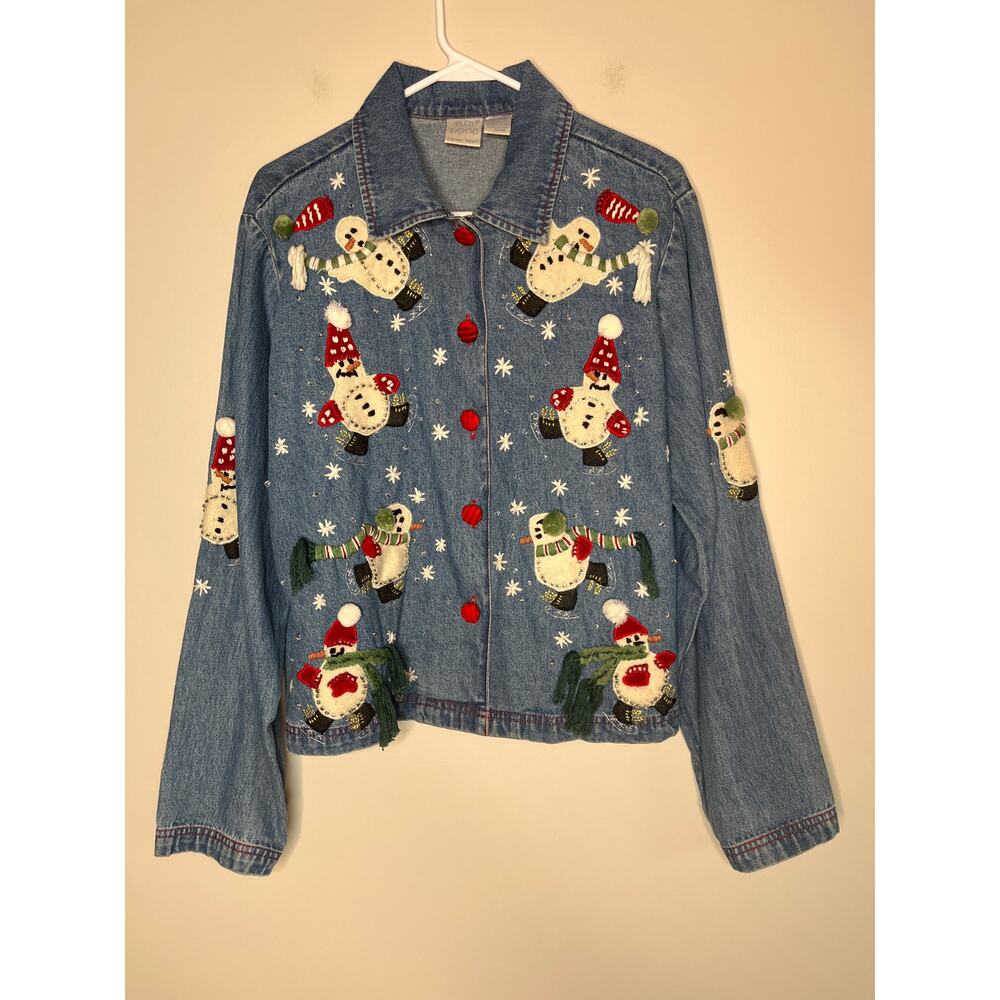 1990s Bleu Bayou Denim Maximalist Winter Christmas Sequin Snowman 3D Jacket L